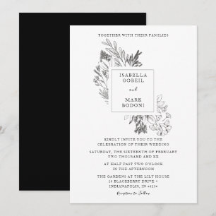 Convites Casamento de Preto e Branco Floral Mínimo