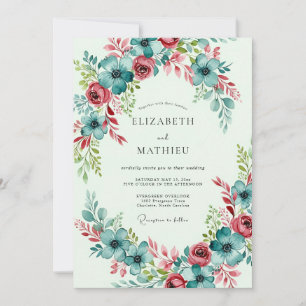 Convites Casamento de Primavera Abundante em Verde Azul