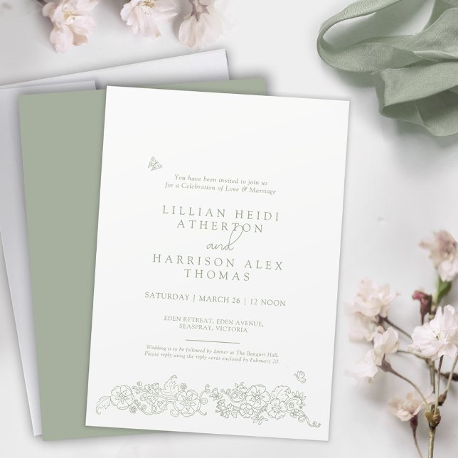 Convites Casamento de primavera arte desenhada à mão em ver (Criador carregado)