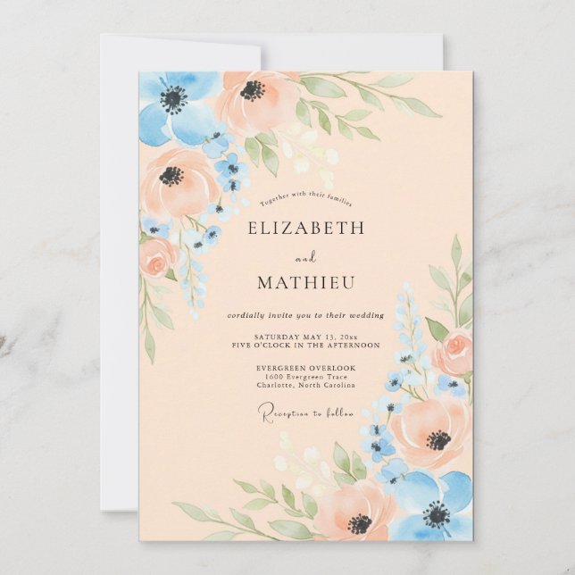 Convites Casamento de Primavera Azul Céu e Pêssego Imaculad (Frente)