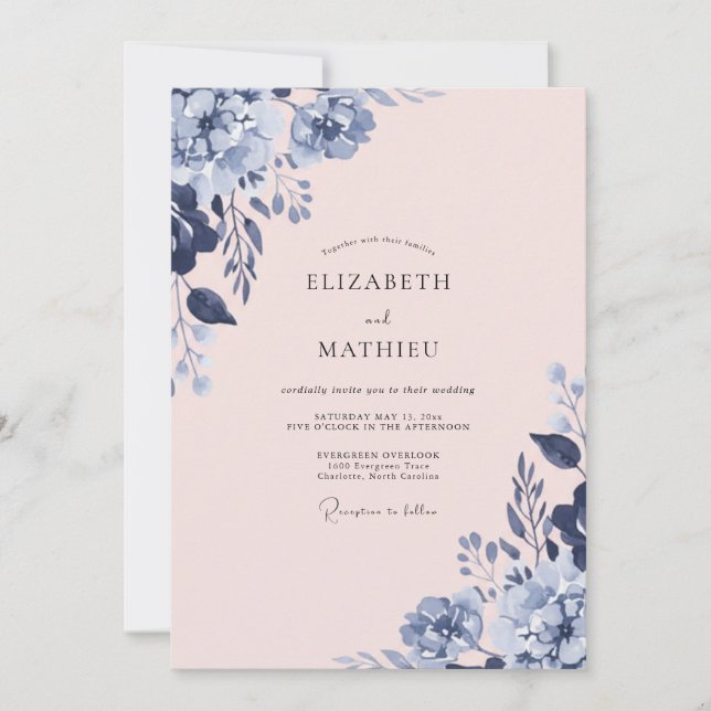 Convites Casamento de Primavera Azul-Marinho Suave (Frente)