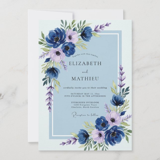 Convites Casamento de Primavera Azul-Naval Luxuriante (Frente)
