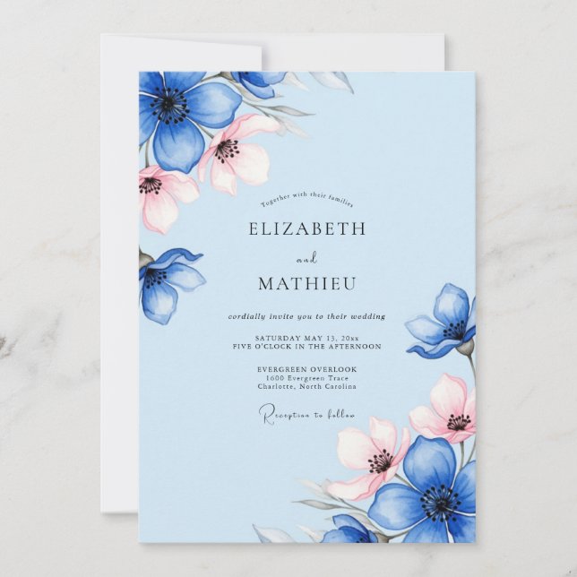 Convites Casamento de Primavera Azul-Pó Fantasioso (Frente)