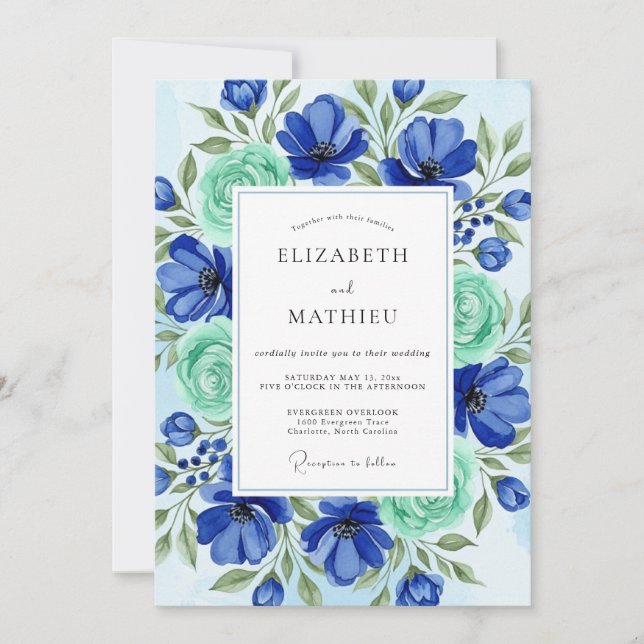 Convites Casamento de Primavera Azul Real Pintado (Frente)