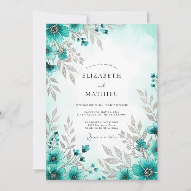Convites Casamento de Primavera Azul Turquesa Exquisito (Frente)