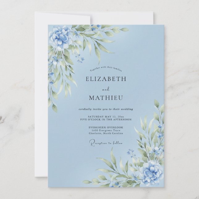 Convites Casamento de Primavera Bebê Azul Delicado (Frente)