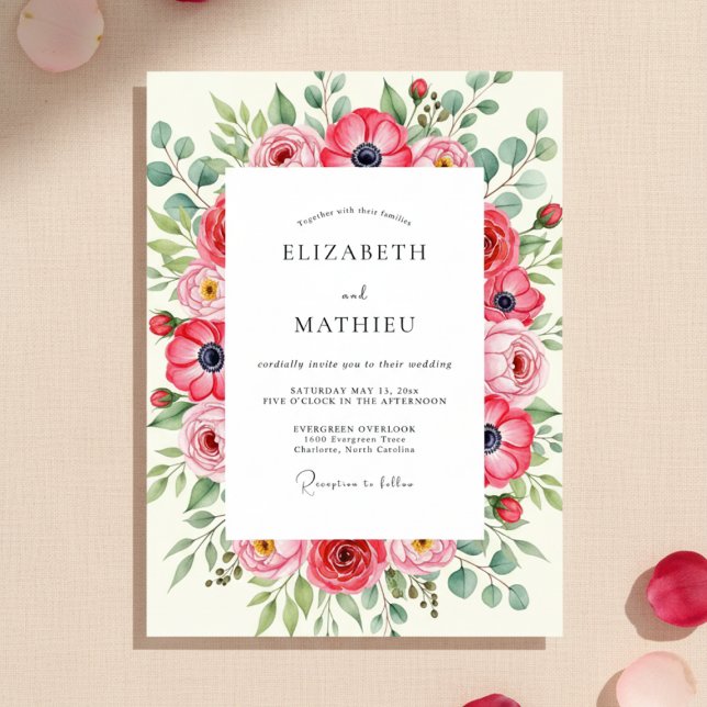 Convites Casamento de Primavera Botânico Rosa Vermelho (Criador carregado)