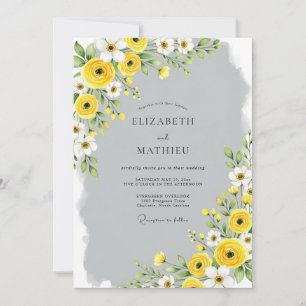 Convites Casamento de Primavera Cinza Amarelo Refinado