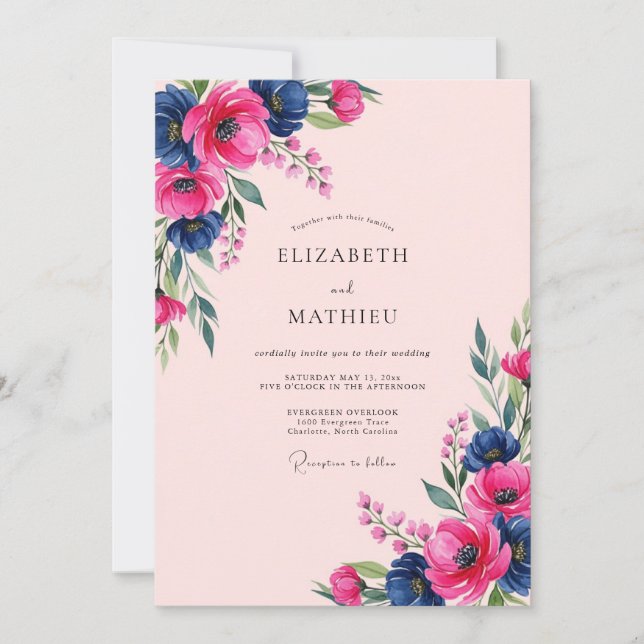 Convites Casamento de Primavera com Anêmona de Aquarela Ros (Frente)