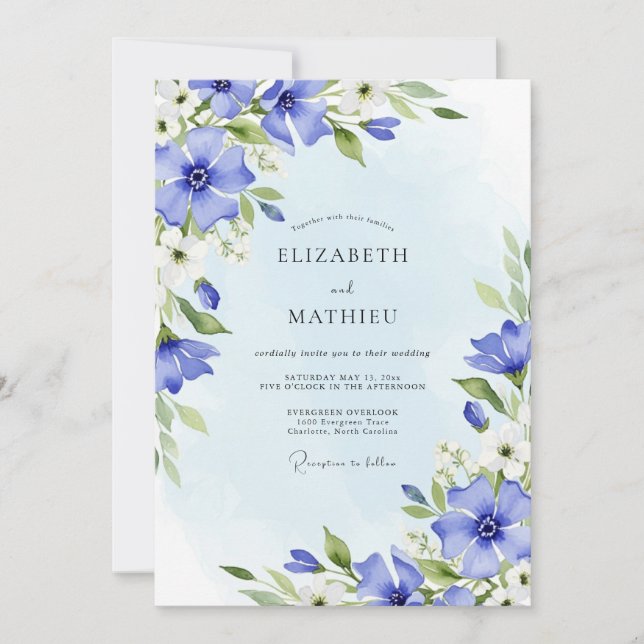 Convites Casamento de Primavera com Aquarela Azul Centáurea (Frente)