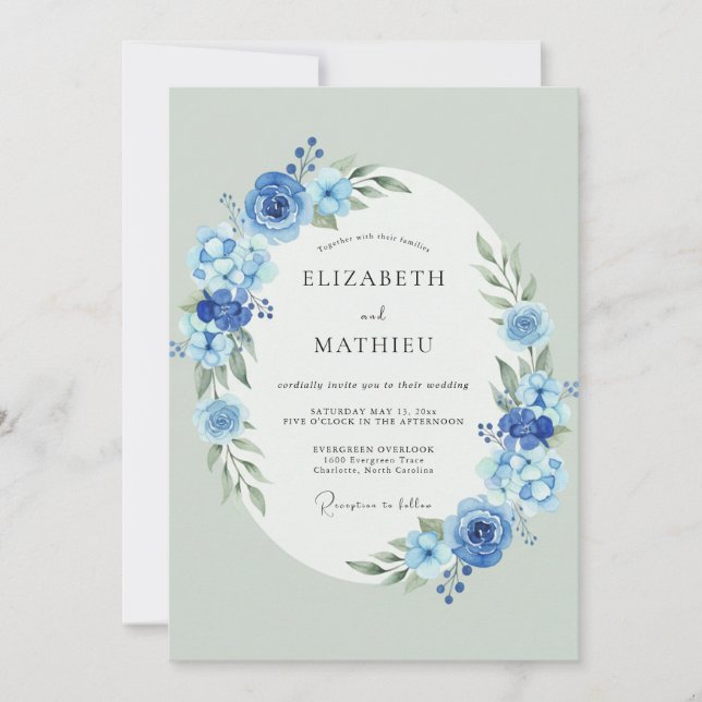 Convites Casamento de Primavera com Aquarela Azul Desbotado (Frente)
