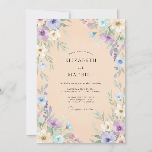 Convites Casamento de Primavera com Aquarela de Pêssego e L (Frente)