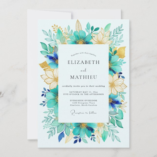 Convites Casamento de Primavera com Aquarela Radiante Turqu (Frente)