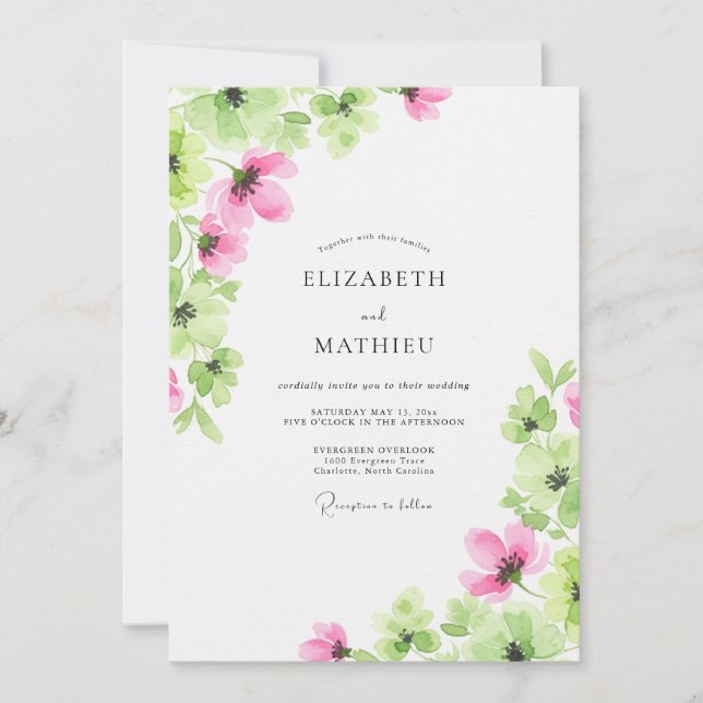 Convites Casamento de Primavera com Aquarela Rosa (Frente)