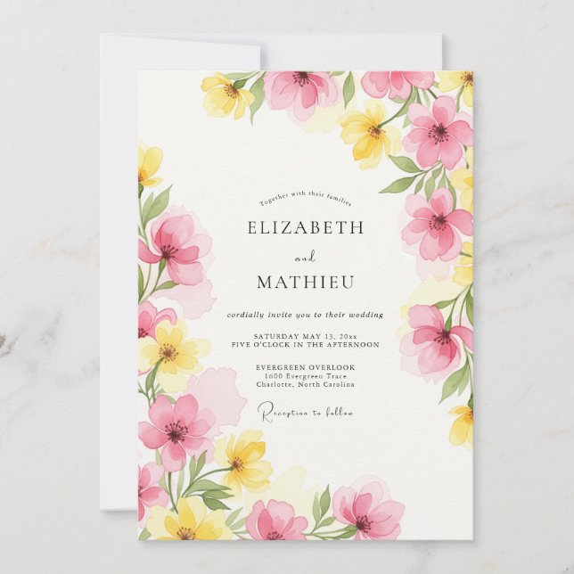 Convites Casamento de Primavera com Aquarela Rosa Amarelo (Frente)