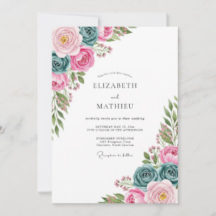 Convites Casamento de Primavera com Aquarela Rosa e Turques