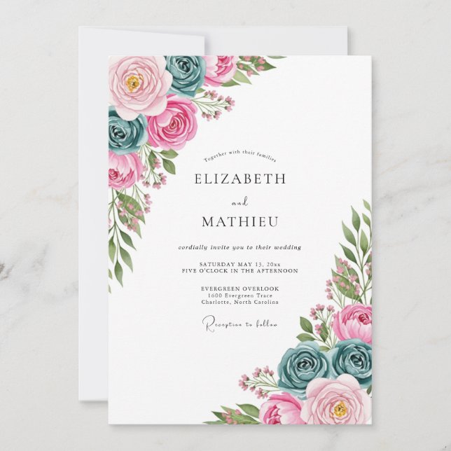 Convites Casamento de Primavera com Aquarela Rosa e Turques (Frente)