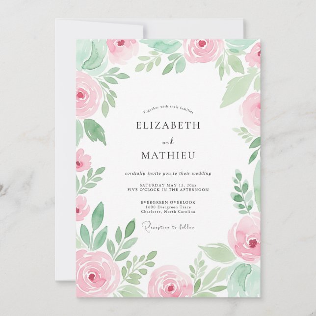 Convites Casamento de Primavera com Aquarela Rosa Suave (Frente)