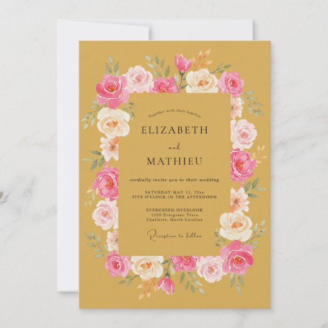 Convites Casamento de Primavera com Brilho Dourado (Frente)