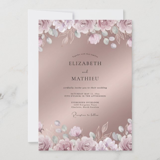 Convites Casamento de Primavera com Brilho em Rose Gold (Frente)