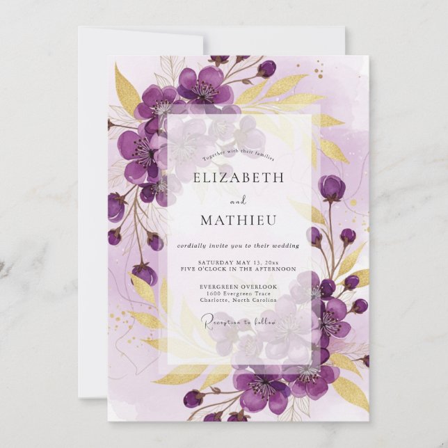 Convites Casamento de Primavera com Brilho Roxo (Frente)