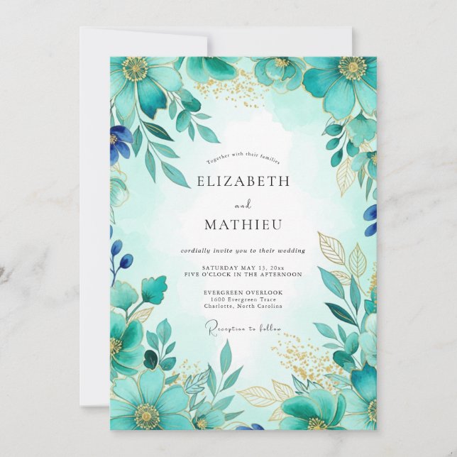 Convites Casamento de Primavera com Brilho Turquesa (Frente)