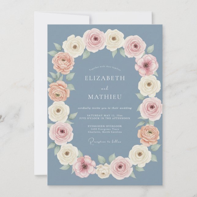Convites Casamento de Primavera com Estética Azul Empoeirad (Frente)