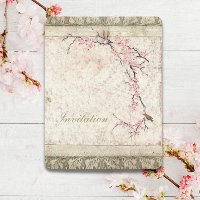 Convites casamento de primavera com flor de cerejeira japon (pink floral japanese cherry blossom spring wedding invitation)