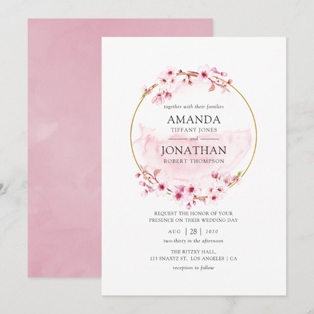 Convites Casamento de Primavera com Flor de Cerejeira Rosa  (Frente/Verso)