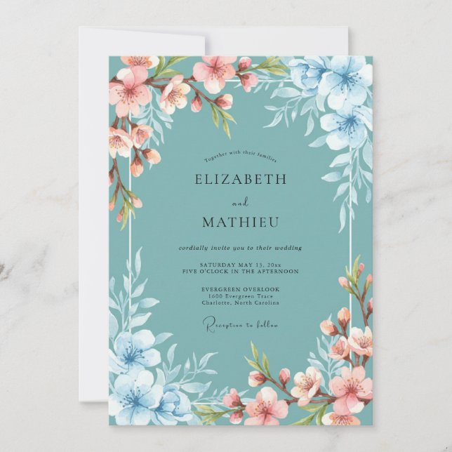 Convites Casamento de Primavera com Flor de Serenidade Azul (Frente)