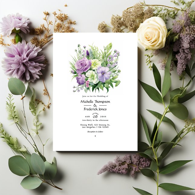 Convites Casamento de Primavera com Lavanda e Floral Verde (Criador carregado)