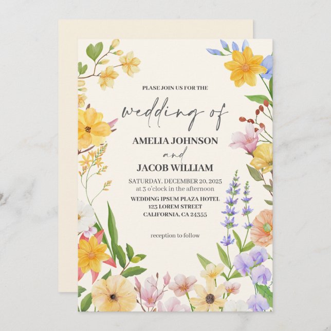 Convites Casamento de primavera com manteiga floral amarela (Frente/Verso)