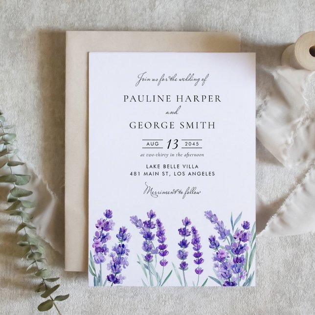 Convites Casamento de primavera das flores das Lavandas de  (Watercolor Lavender Flowers Spring Wedding Invitation)