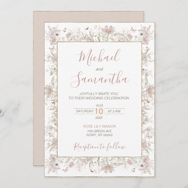 Convites Casamento de primavera de Blush e Sage Wildflower (Frente/Verso)