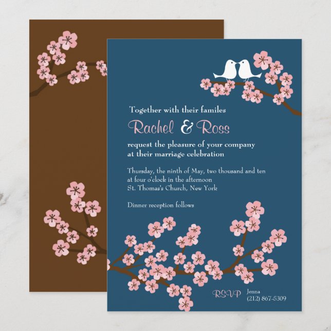 Convites Casamento de primavera do Flor de Cereja Azul e Ro (Frente/Verso)