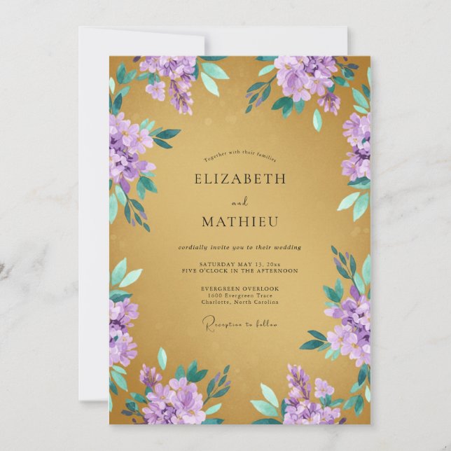 Convites Casamento de Primavera Dourado Regal Lilás (Frente)