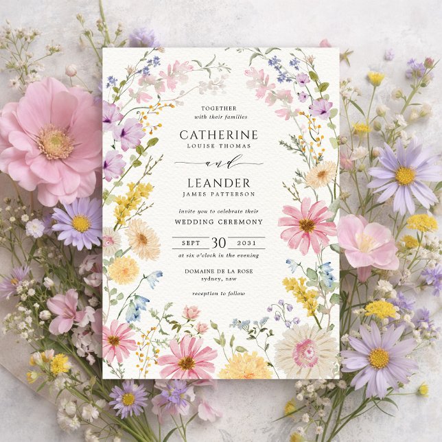 Convites Casamento de Primavera em Prado de Flores Silvestr (Criador carregado)