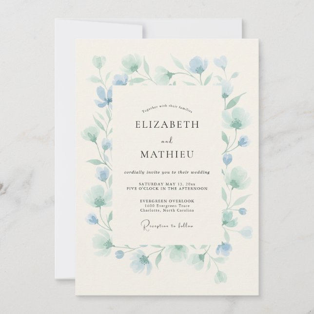 Convites Casamento de Primavera Etéreo Azul Água (Frente)