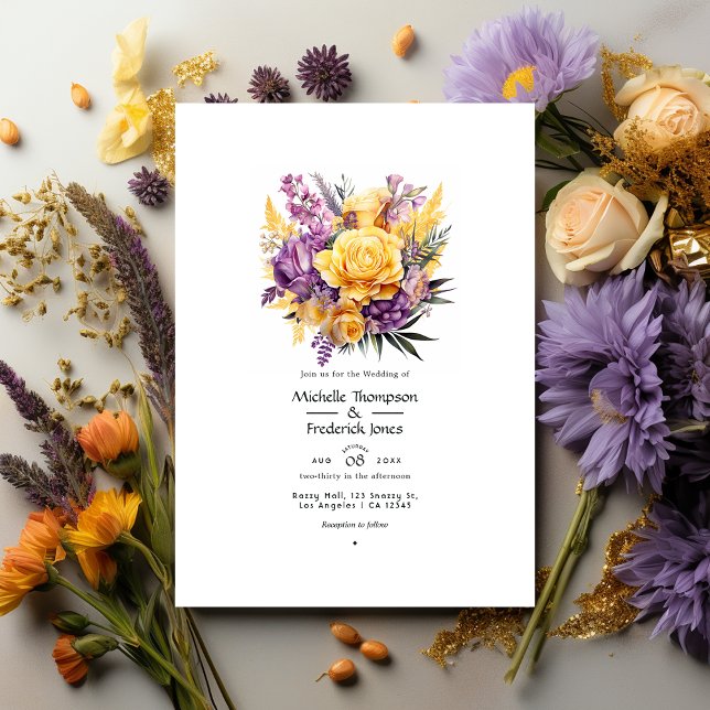Convites Casamento de primavera Floral Amarelo-lavanda e Ou (Criador carregado)