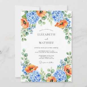 Convites Casamento de Primavera Floral Azul Laranja