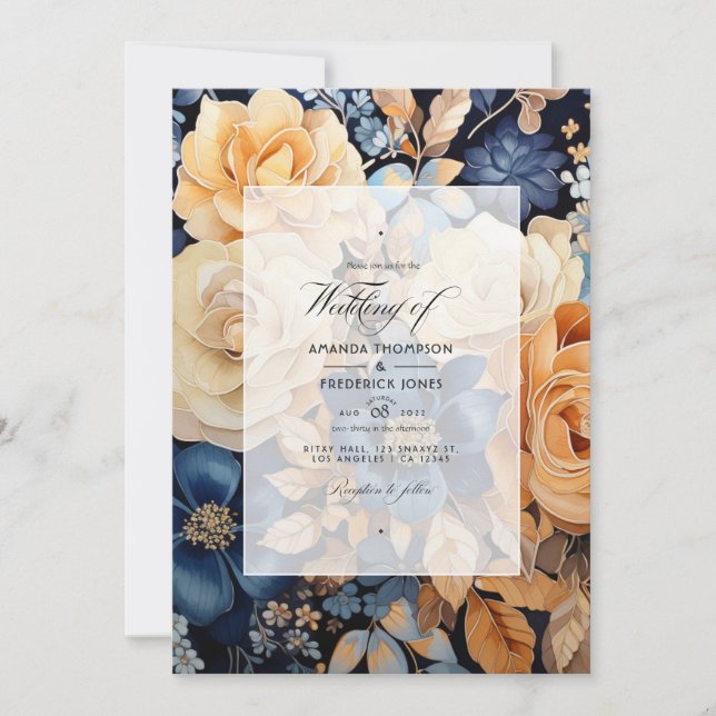 Convites Casamento de Primavera Floral com Champanhe, Azul  (Frente)