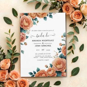 Convites Casamento de primavera Floral Coral Espanhol Elega