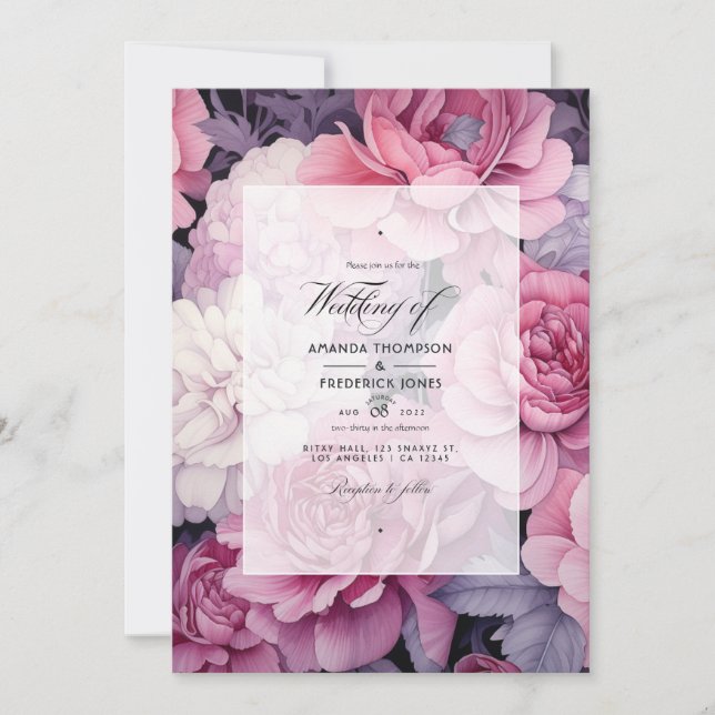 Convites Casamento de primavera Floral de Prata e Rosa Suav (Frente)