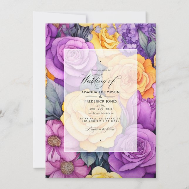 Convites Casamento de Primavera Floral Lavanda e Amarelo (Frente)