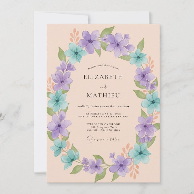 Convites Casamento de Primavera Floral Pastel Lavanda (Frente)