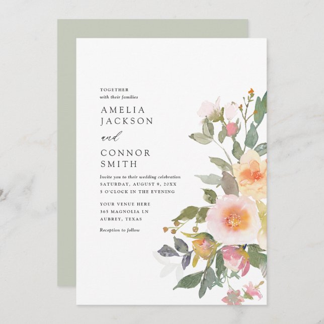Convites Casamento de primavera Floral Rustic Watercolor (Frente/Verso)