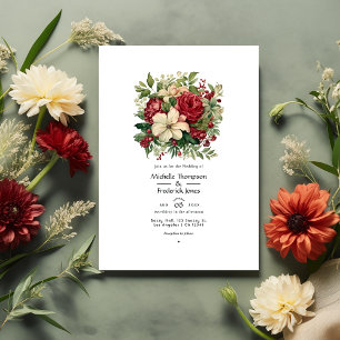 Convites Casamento de Primavera Floral Verde e Carmesim com