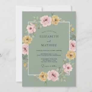 Convites Casamento de Primavera Florido em Verde Sage
