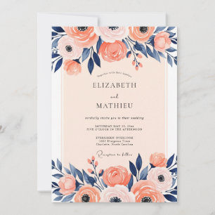 Convites Casamento de Primavera Ilustrativo em Bege Marinho