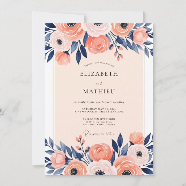 Convites Casamento de Primavera Ilustrativo em Bege Marinho (Frente)